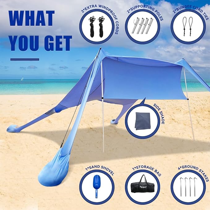 FBSPORT Beach Tent Sun Shelter Portable Beach Shade Canopy UPF50+ with Sandbags for Outdoor Family Camping Fishing Backyard Fun Picnic 7 x 7ft