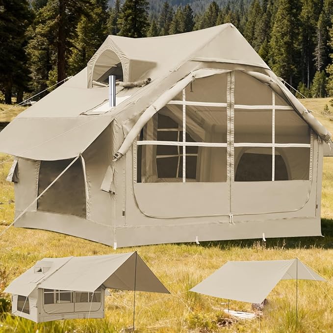 Inflatable Tents with Hand Pump Hot Tent with Stove Jack Easy Blow Up Glamping Tent with Mesh Windows 4-6 Person Instant Family Camping Tents Waterproof for 4 Seasons