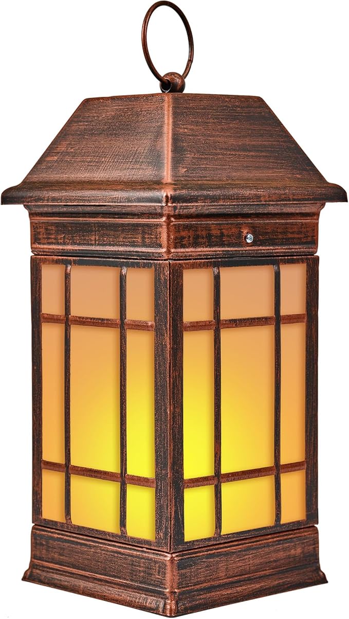 15.5 Solar Lantern Outdoor Waterproof Glass Flickering Flame Solar Lanterns Hanging Metal Lantern Decorative for Patio Front Porch Garden Backyard Tabletop Party Decoration