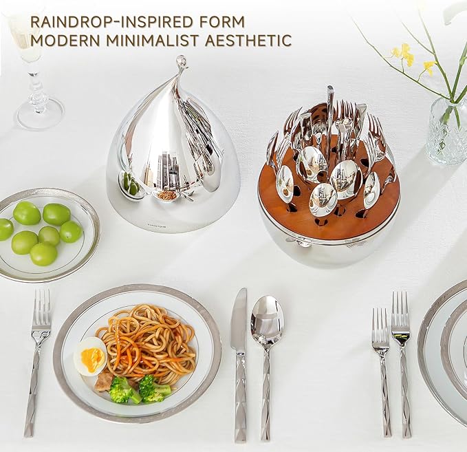 KINGSTONE Silverware Set with Waterdrop Storage Organizer Luxury 20 Piece Flatware Set for 4 18/10 Stainless Steel Cutlery Set with Diamond Cut Pattern Ideal for KitchenParty and Gift