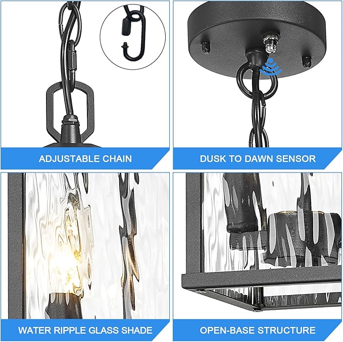 Outdoor Pendant Lights for Porch Chandelier Outdoor Pendant Lights Dusk to Dawn 2-Light Modern Hanging Porch Lights Exterior Hanging Light Fixture with Water Ripple Glass for Patio Gazebo