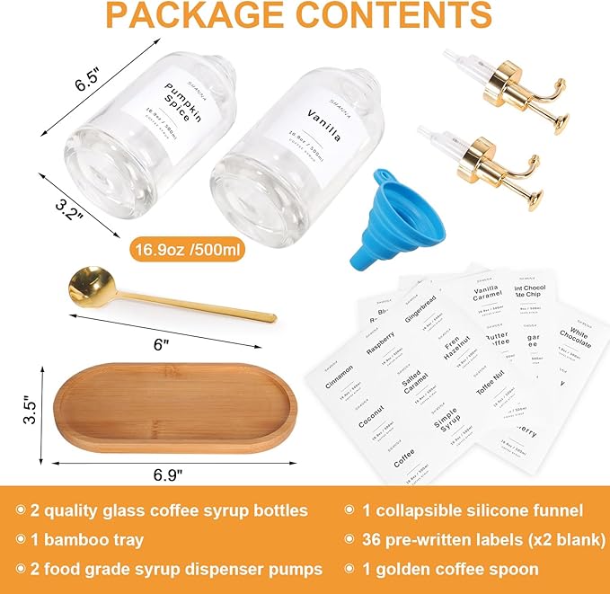 Coffee Syrup Dispenser for Coffee Bar 16.9oz 500ml Glass Syrup Dispenser w Golden Coffee Scoop Coffee Syrup Pump Dispenser w 36 Labels and Bamboo Tray Coffee Syrup Bottles with Golden Pump 2PCS