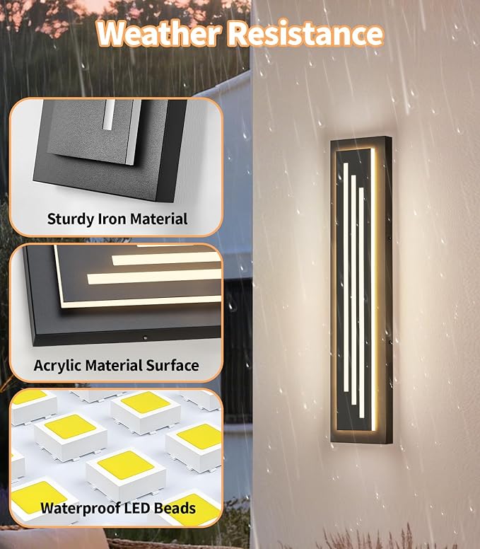 tewei 23.6'' Outdoor Wall Lights Modern Black LED Outdoor Wall Sconce Large Long Exterior Lighting Fixtures 3000K Waterproof Front Porch Lights Outside Lights for House Garage Indoor 2 Pack