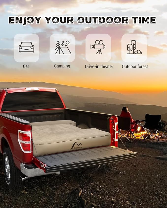 Truck Bed Mattress 5.5-5.8ft for Full Size Pickup Brown Truck Bed Air Mattress Fit for F150 Silverado Leak-Resistant Camping Electric Pump Heavy-Duty Easy Setup Large Carry Bag