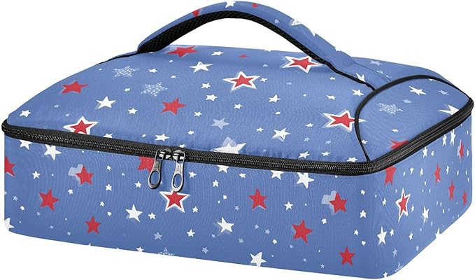 Casserole Carrier Red Blue Stars PrintInsulated Casserole Carrier for Hot or Cold Food Thermal Lunch Tote for Potluck Parties Picnic Beach Fits 9 x 13 Inches Baking Dish
