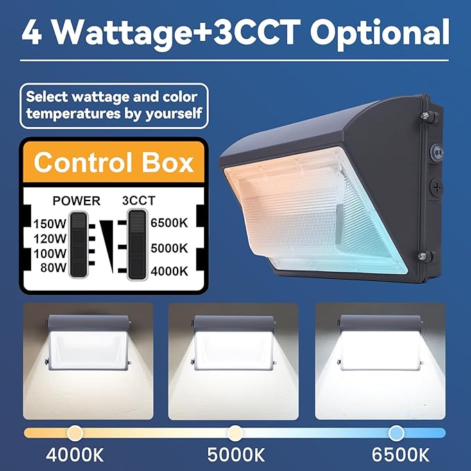 150W LED Wall Pack Light with Photocell 6Pack 4000/5000/6500K 3CCT 80/100/120/150W Selectable Commercial and Industrial Outdoor LED Wall Lights for Parking Lot Warehouses 100-277V ETL Listed