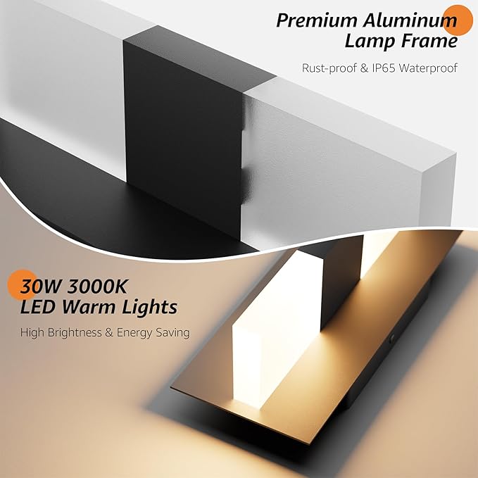 12.4 inches Outdoor Led Wall Light 30W 3000K Hardwired Porch &amp Patio Aluminum Sconces with Frosted Acrylic LampshadeIP65 Waterproof Exterior Wall Lamp for GarageFront Door(Black2Pack)