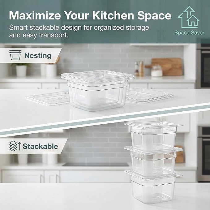 1/6 Size 4 Inch Deep Plastic Food Pan with Lids Commercial and Home Kitchen Clear Polycarbonate Pans Stackable Food Storage Containers for Hotel Home Bar