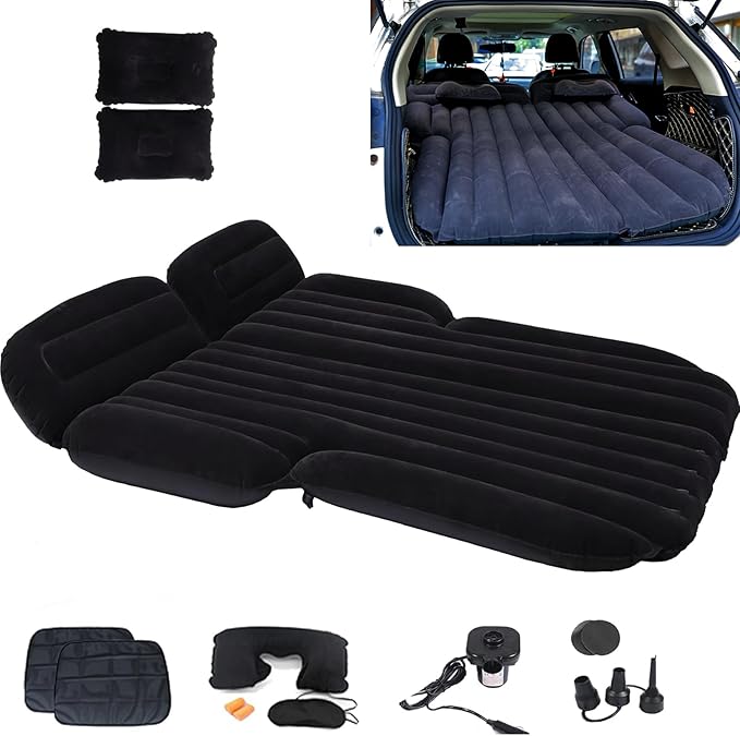 Inflatable SUV Air MattressThickened Flocking Car Travel Camping Bed with 2 Pillows &amp Air PumpPortable Car Sleeping Mattress for SUV Trunk and Rear