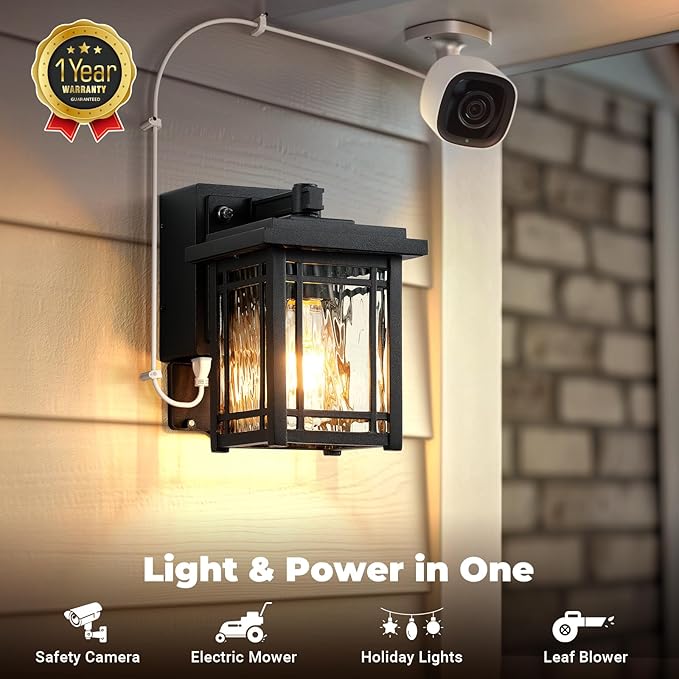 2-Pack Porch Light with GFCI Outlet Black Dusk to Dawn Outdoor Lantern Wall Mount Modern Outdoor Sconces Wall Lighting with Glass Shade Waterproof Outdoor Light Fixtures for House Garage