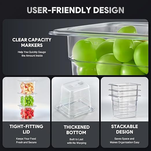 Wilprep 6 Pack Plastic Food Pans with Lids NSF Listed 1/6 Size 6 in Deep Clear Food Storage Containers 2.6 qt Stackable Polycarbonate Commercial Hotel for Fruits Vegetables Beans Corns