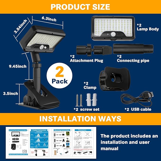 Pacify Clip On Solar Lights Outdoor with Motion Sensor 92 LED 600LM Adjustable Solar Clip Lights IP65 Waterproof Clamp Solar Lights for Fence Deck Gutter Camping Security(2 Pack Warm White 3000K)