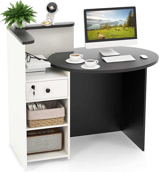 Reception Desk Front Desk Reception Counter with Oval Desktop Open Shelf &amp Lockable Drawer Small Retail Checkout Counter Table Wood Computer Workstation for Home Office Lobby &amp Salon