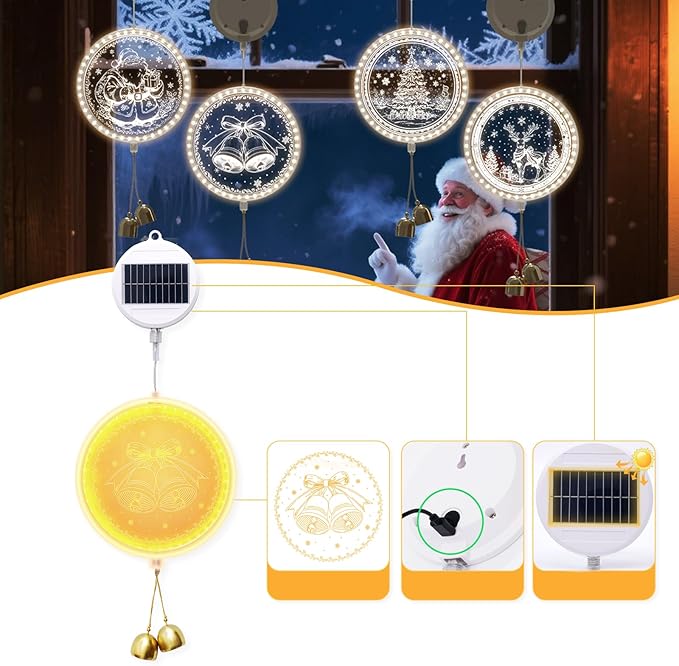 Solar Hanging Lights - Outdoor Indoor Christmas Decorations for Window Garden Patio PorchHoliday Home Decor (Jingle Bell)