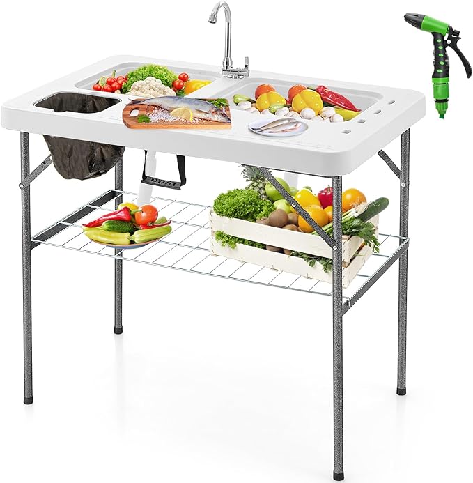 GYMAX Fish Cleaning Table with 2 Sinks Folding Fish Fillet Cleaning Station with Faucet Drainage Hoses &amp Sprayer Portable Camping Table with Storage for Fishing Picnic