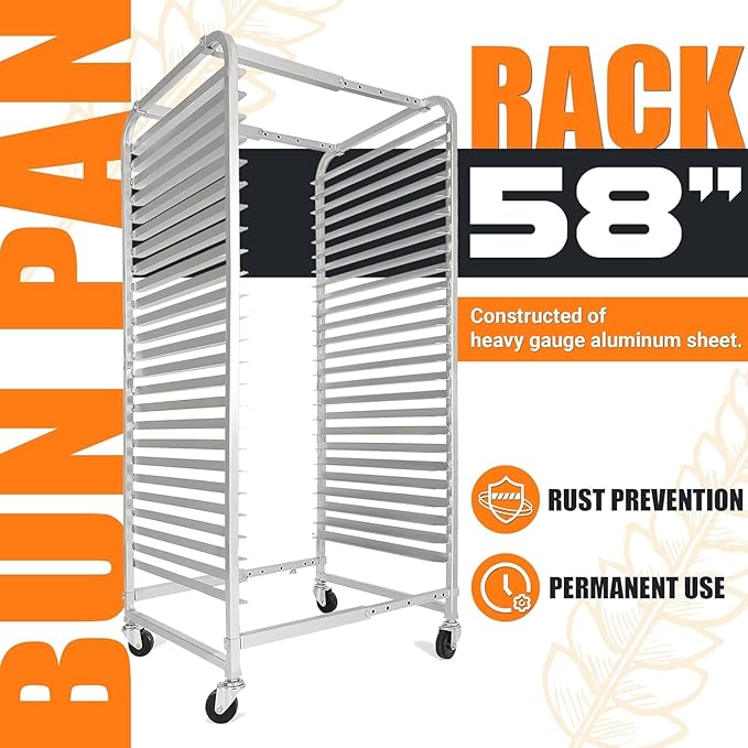 HECASA Adjustable Bun Pan Rack 25 Tier with Brake Wheels Bakery Sheet Rack for Foodservice KitchenRestaurant Pizzeria Hotel Home Aluminum 24.72 L x 20.5 W x 58''H Oxidation