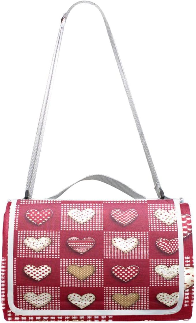 MNSRUU Picnic Blanket Waterproof Foldable Red White Checkered Heart Large Outdoor Picnic Beach Camping Blanket Travel Mat Shoulder Strap Tote Rectangle 57x59in