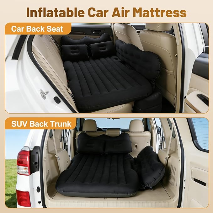 Inflatable Car SUV Air Mattress Back Seat Bed with Air PumpPortable Thickened Car Travel Camping Sleeping Air Mattress Blow Up Bed for Car Universal SUV