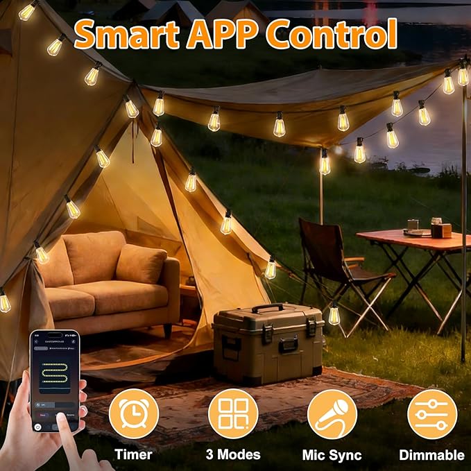 Smart Outdoor String Lights 200FT ST38 LED Patio Lights with Timer Remote APP Control 84 Shatterproof LED Bulbs (4 Spare) Dimmable Waterproof Hanging Light for Backyard Porch Party Decor