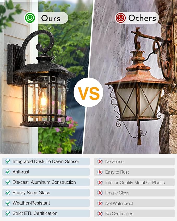 VIANIS 16.7 in Large Oil Rubbed Bronze Porch Lights Outdoor Dusk to Dawn Outdoor Lights for House Waterproof Outside Wall Light Fixtures for House Garden Garage Entryway Anti-Rust