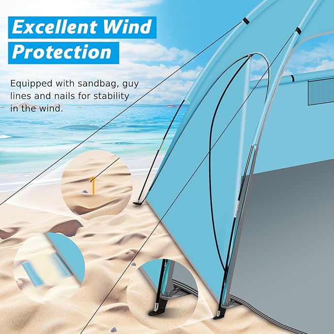 Beach Tent Sun Shelter Beach Shade Tent with UPF 50+ UV Protection for 2-3 Person Portable &amp Easy Setup Cabana Beach Tent 3 Roll Up Doors &amp 8mm Fiberglass Rods Carry Bag Included