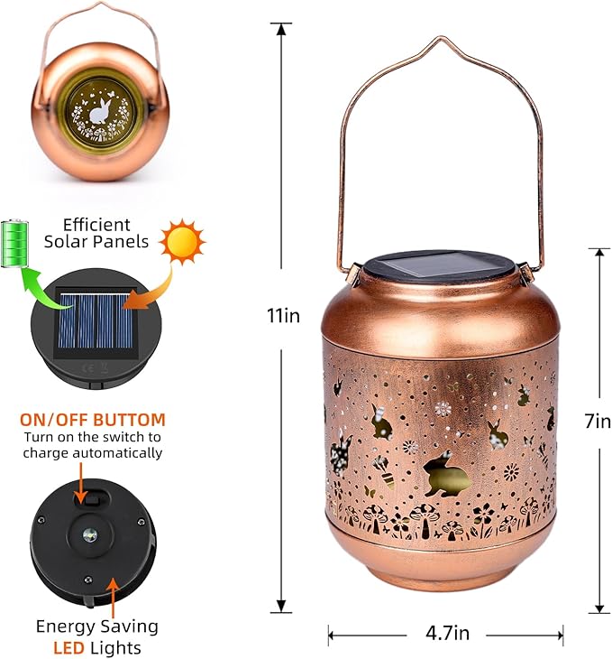 Rabbit Solar Lanterns Outdoor WaterproofGarden Decor Solar Lights Bunny Gifts for Women Mom GrandmaMetal Outside Decoration Hanging Lantern for YardPorchPatioLandscapeBackyardLawn