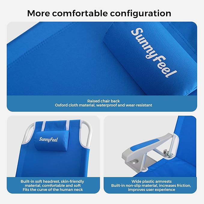 SUNNYFEEL Portable Beach Chair Lightweight Beach Chair for Adults Folding Camping Chair with Side Table &amp Organizer Bag 3 Position Adjustable Support 300lbs Heavy Duty Low Back Blue 2 Pack