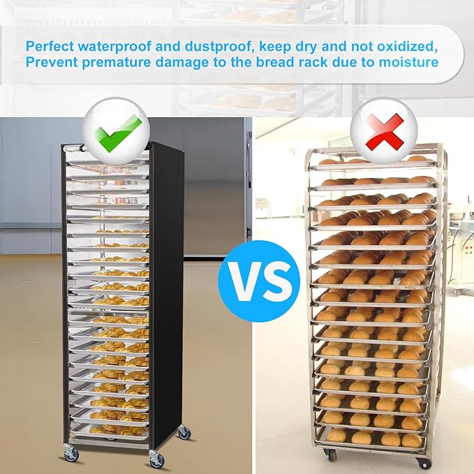 Sheet Bun Pan Rack Cover Speed Rack Cover with Zipper for 20 Tier/ 10 Tier Commercial Bakery Racks 23x28x61 Waterproof Bread Rack Cover with Clear Roll-Up Door &amp Breathable Mesh Vent(20 Tier)