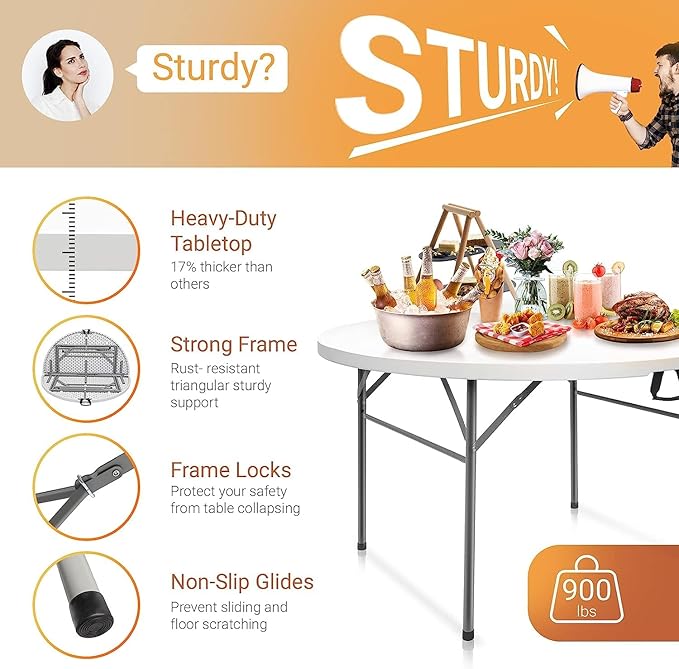 Camping Table 48 Round Bi-Folding Commercial Table 4 Feet Portable Plastic Dining Card Table for Kitchen or Outdoor Party Wedding Event 1-Pack(Quantity 4)