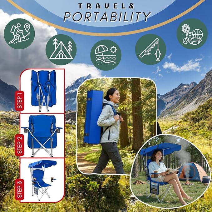 Portable Folding Camping Chairs with Canopy Shade Beach Chair for Adults Durable Weather Resistant 600D Oxford Cloth Camping Chair with Canopy for Outdoors [Blue]