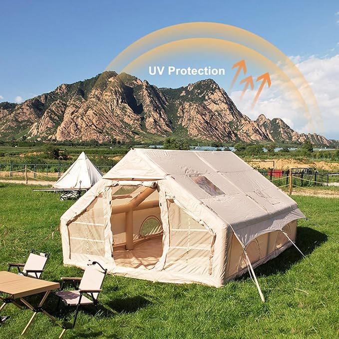 UNIISTRENGH Inflatable Camping Tent Air Glamping Quick Set Up Waterproof Pop Up Tents with Stove Jack Hole and Carry Bag