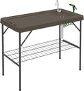 Outsunny Folding Fish Cleaning Table Portable Camping Sink Station with Faucet Drainage Hose Sprayer Grid Rack and Knife Groove Outdoor Fillet Table for Picnic Beach Patio Tan