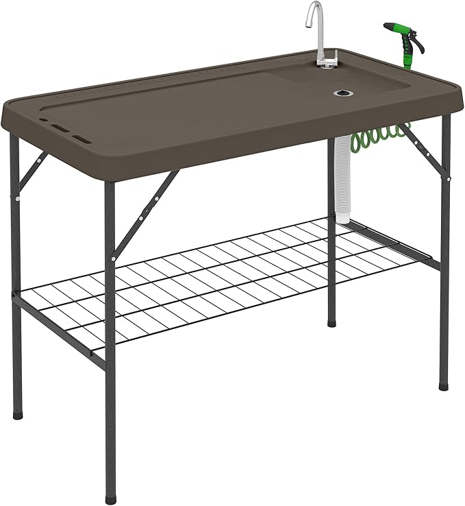 Outsunny Folding Fish Cleaning Table Portable Camping Sink Station with Faucet Drainage Hose Sprayer Grid Rack and Knife Groove Outdoor Fillet Table for Picnic Beach Patio Tan