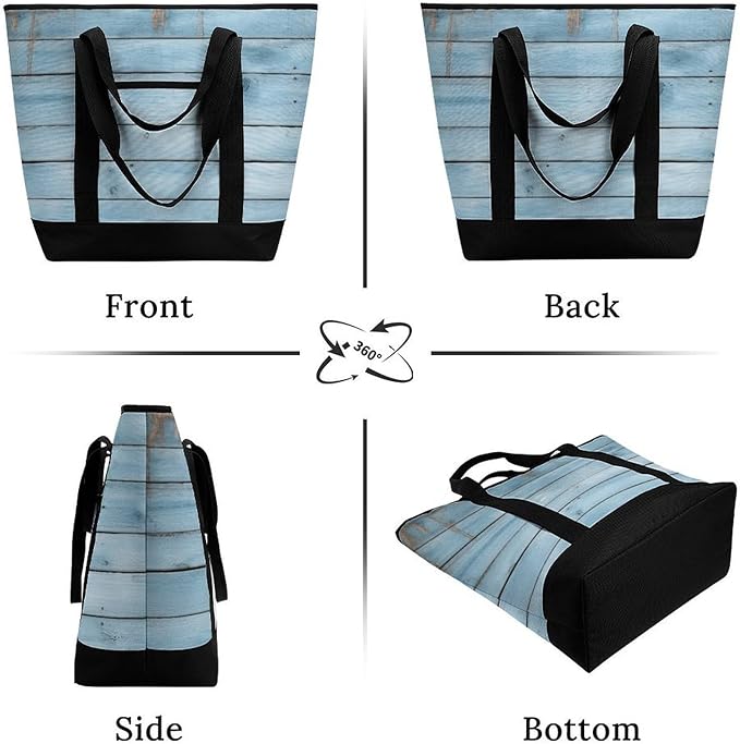 Insulated Shopping BagLarge Reusable Cooler Bags Blue Wood Printed Foldable Shopping BagTravel Waterproof Shoulder Bag