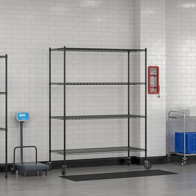 Commercial NSF Listed Black Epoxy Mobile Wire Shelving Kit 24 x 60 x 80 with 4 Shelves Perfect for Warehouse Walk-in Refrigerator Freezer Grocery Store Restaurant Dishroom