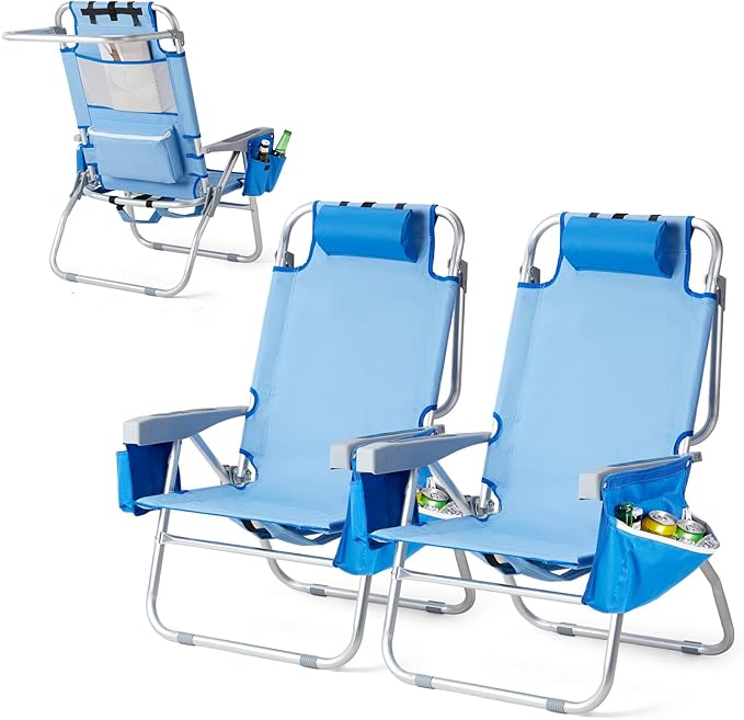 VINGLI Backpack Beach Chair 2 Pack with 5-Position Cup Holders Cooler Bag Towel Bar Lightweight Folding Beach Camping Chairs for Adults(Blue-13)