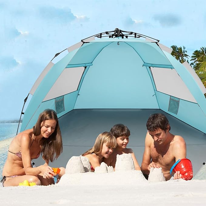 Oileus X-Large 4 Person Beach Tent Sun Shelter - Portable Sun Shade Instant Tent for Beach with Carrying Bag Stakes 6 Sand Pockets Anti UV for Fishing Hiking Camping Waterproof Windproof Sky Blue
