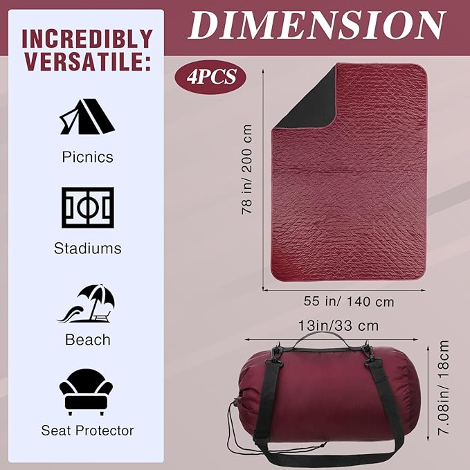 Preboun 4 Pack Large Waterproof Stadium Blankets Thick Warm Fleece Picnic Camping Blankets for Cold Weather Football Games Concerts Beach Outdoor Activities Homeless Donations(Dark Red)