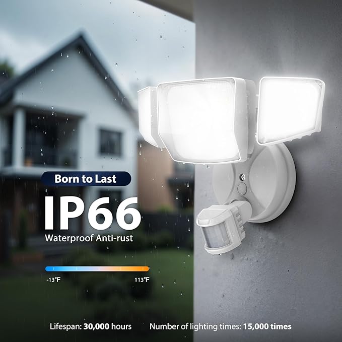 Onforu 90W 10000LM LED Motion Sensor Outdoor Lights 4-Head Dusk to Dawn Outdoor Lighting Hardwired Flood Lights IP66 Waterproof 6500K Security Floodlight for Outside (White)