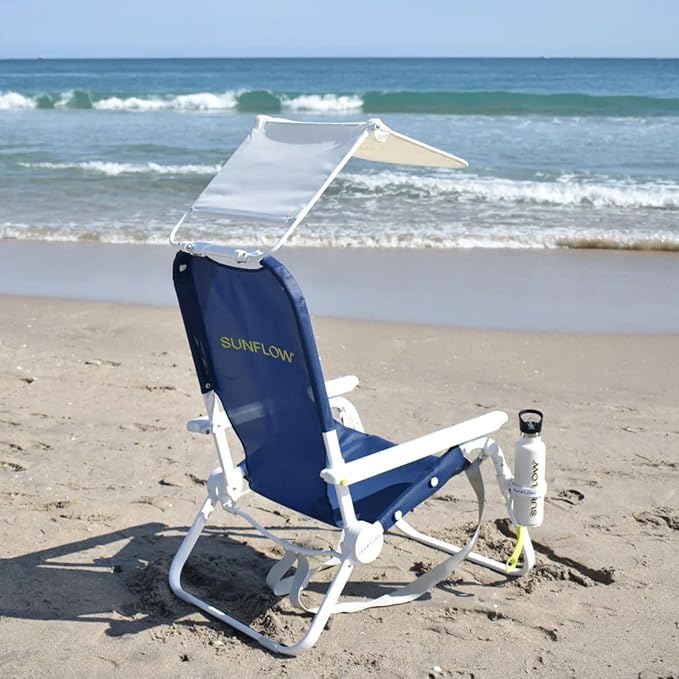 SUNFLOW Shore Thing Premium Beach Chair - Adjustable Portable Rust-Resistant Reclining Beach Chair with UPF 50+ Sun Shade and Drink Holder for The Ultimate in Comfort (Ocean Navy)