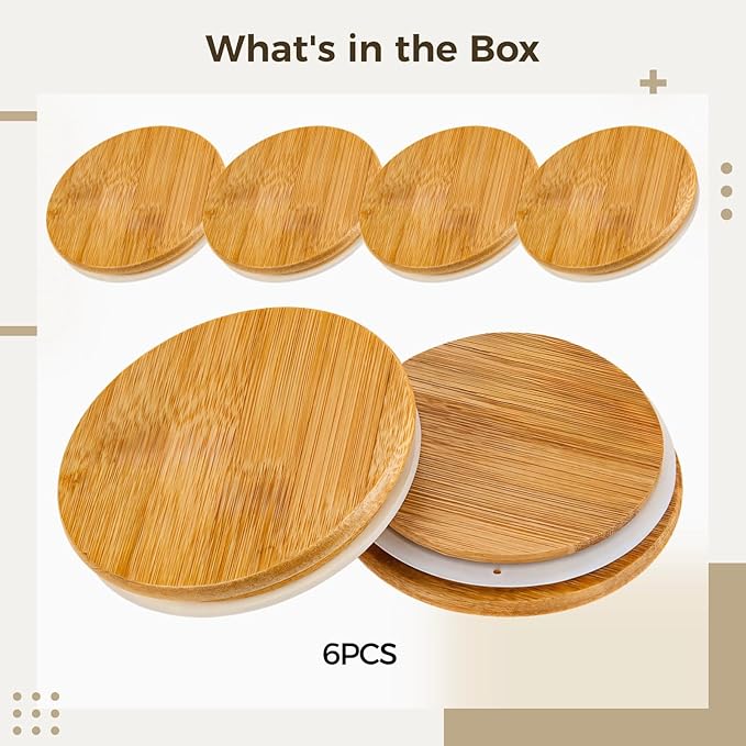 Generic Natural Wood Caps For Tea Coffee Mug Covers 6 Pcs Mason Jar Lids 3.4-Inch Wide Mouth Wooden Jar Covers With Silicone Seal Airtight Storage Lids For 32/4/8/64/16 Oz Jars