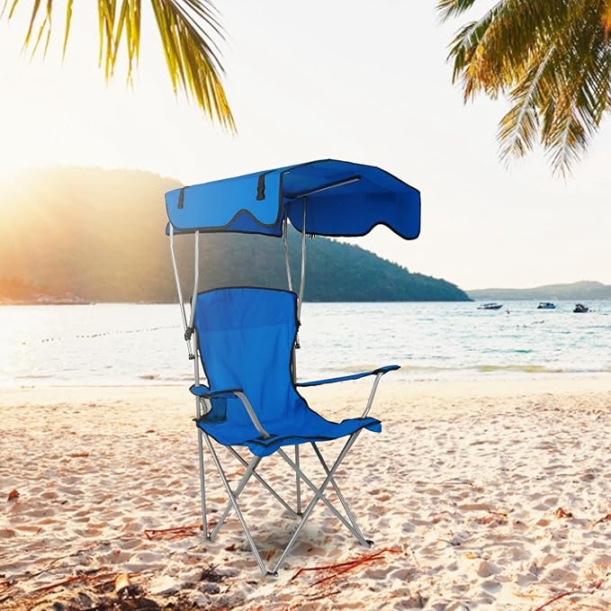 KOCASO Canopy Folding Beach Chair with Sun Shade Heavy Duty 330lbs Portable Camping Lawn Chair with Cup Holder for Pool Travel Picnic