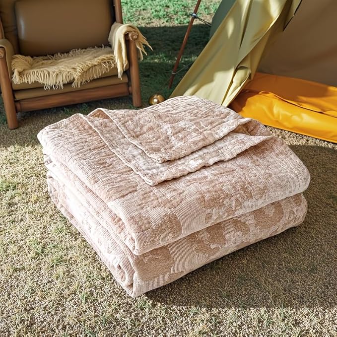 ITFRO Leopard Cooling 3 Layer Cotton Muslin Blanket for Hot Sleepers 80x92 Inches Lightweight Breathable Reversible Summer Camping Blanket All Seasons for Couch Sofa Bed (Leopard Khaki 80x92)