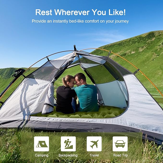 HiiPeak Double Sleeping Pad - Self Inflating 3 Extra-Thick for 2 Person with Pillow Built-in Foot Pump Inflatable Sleeping Mat for Backpacking Hiking Traveling Tent Portable Camping Mat (Green)