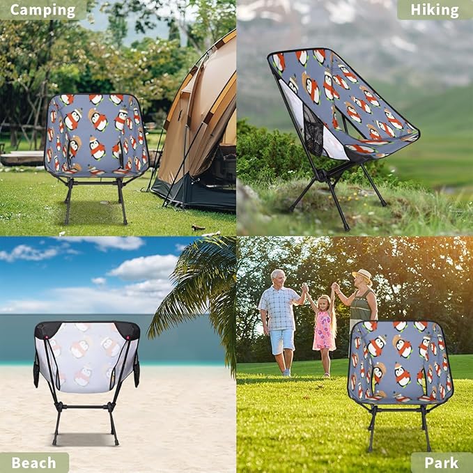 Cute Penguin Pattern Camping Chair Lightweight Portable Chairs for Adults Easy Installation Outdoor Foldable Camping Chair for Camping Fishing Hiking Picnic Beach