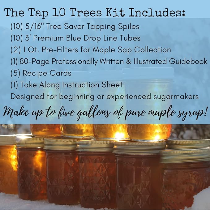 MAPLE TAPPER Maple Syrup Tree Tapping Kit – (10) Spiles + (10) 3' Tubes + (1) 1 QT Maple Sap Filter + 80 Page Book “Guide to Maple Tapping &amp Recipe Cards -BPA FREE- Made in North America