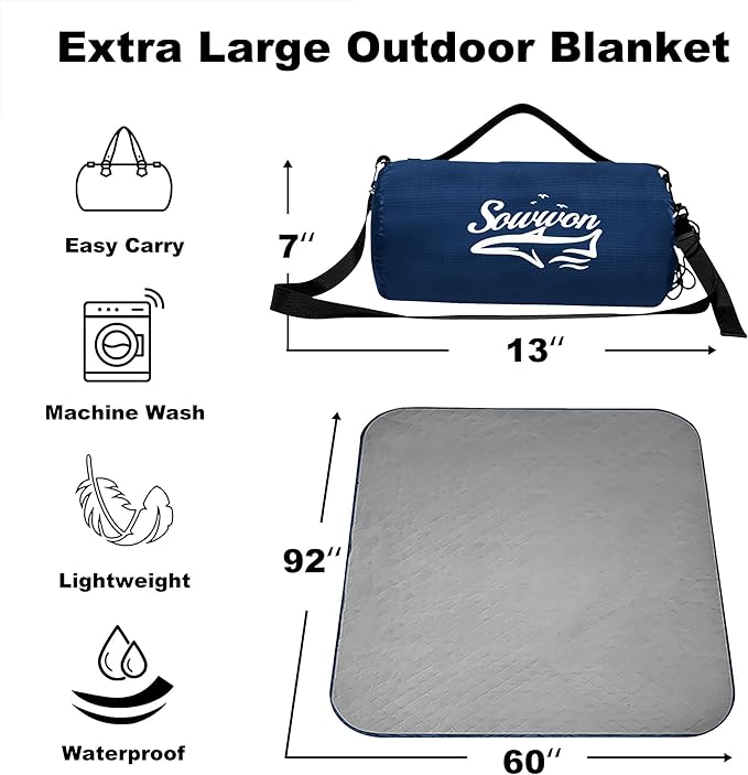 Waterproof Outdoor Blanket 92”X 60” Packable Stadium Blankets for Camping with Quilted Fleece Lining Large Windproof Emergency Throw Mat for Garss Picnic Hiking Road Trip Machine Washable Navy