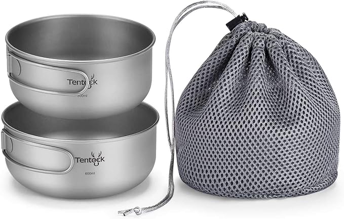 Tentock Titanium Bowls Set 500ml+600ml Ultralight Camping Cookware Outdoor Utensils with Folding Handle