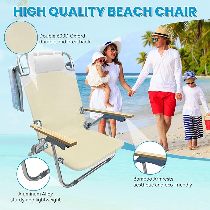 2 Pack Low Backpack Beach Chair with Folding Bamboo Table for Adults 5-Position Lay Flat Reclining Chair Lightweight with Cooler Bag Supports 265 lbs