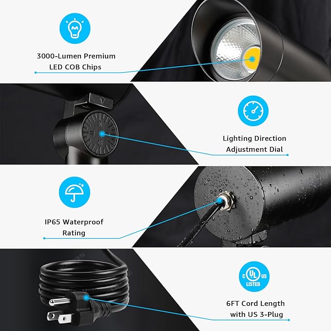 SUNVIE 30W Spot Lights Outdoor 5000K Dusk to Dawn Flag Pole Light 120V Plug in Landscape Spotlight with Photocell Sensor Ultra Bright Bullet LED Spotlight for Yard Garden Tree Statue